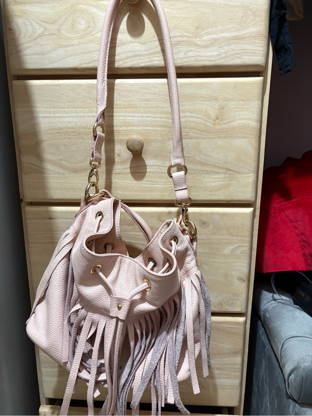 Alberta Di Canio Blush Pink Fringe Drawstring Shoulder Bag - Picture 2 of 3